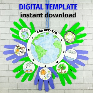 Può includere: Un colorato lavoro di carta con un'illustrazione centrale della Terra circondata da immagini circolari che raffigurano i giorni della creazione. Il design include ritagli di mani verdi e blu e il testo "DIGITAL TEMPLATE instant download".