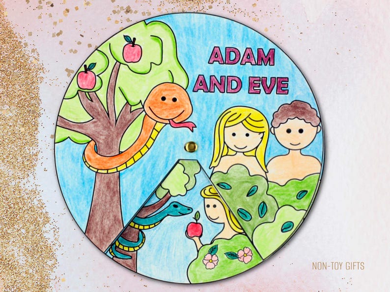 Colorful, interactive Adam and Eve spinner craft for kids that brings the Genesis story to life! Features rotating scenes from the Garden of Eden, including Adam, Eve, animals, and the serpent. Perfect for preschoolers, homeschoolers, and Sunday School learners. Encourages creativity, storytelling, and Bible learning through fun, hands-on crafting. Includes printable color and black-and-white versions.