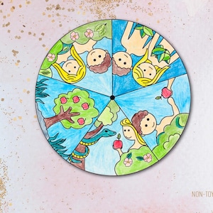 Interactive Adam and Eve spinner craft designed for Christian preschoolers to learn the Bible creation story. Features simple, child-friendly illustrations of Adam, Eve, the serpent, and the Garden of Eden. Great for faith-based early learning, Sunday School, or homeschool. Encourages hands-on play, coloring, and Bible storytelling. Includes printable black-and-white and color versions for easy use.