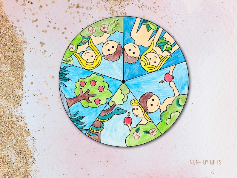Interactive Adam and Eve spinner craft designed for Christian preschoolers to learn the Bible creation story. Features simple, child-friendly illustrations of Adam, Eve, the serpent, and the Garden of Eden. Great for faith-based early learning, Sunday School, or homeschool. Encourages hands-on play, coloring, and Bible storytelling. Includes printable black-and-white and color versions for easy use.