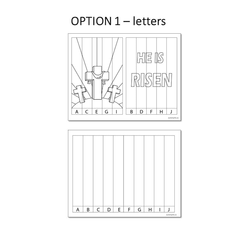 May include: A black and white printable worksheet with the words "HE IS RISEN" and a drawing of a cross. The worksheet is divided into squares with letters A through J.
