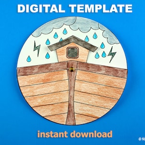 May include: A printable digital template of Noah's Ark with a brown wooden exterior, a gray roof, and a blue sky with rain and lightning. The text "instant download" is at the bottom of the image.