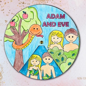 Adam and Eve spinner craft designed as a fun, faith-based coloring activity for kids. Features black-and-white illustrations of the creation story, including Adam, Eve, the serpent, and the Garden of Eden. Perfect for Sunday School, homeschool, or quiet time, this hands-on Bible craft allows children to color, cut, and assemble their own interactive spinner while learning about the Genesis story.