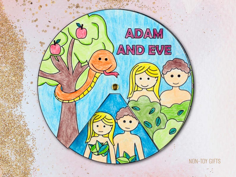 Adam and Eve spinner craft designed as a fun, faith-based coloring activity for kids. Features black-and-white illustrations of the creation story, including Adam, Eve, the serpent, and the Garden of Eden. Perfect for Sunday School, homeschool, or quiet time, this hands-on Bible craft allows children to color, cut, and assemble their own interactive spinner while learning about the Genesis story.