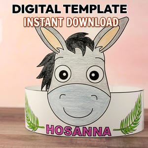 May include: A digital template for a donkey-themed headband with the text "HOSANNA". The headband features a cartoon donkey face with a gray and black mane and ears. The words "DIGITAL TEMPLATE" and "INSTANT DOWNLOAD" are at the top.