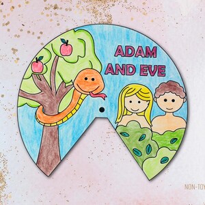 Easy Bible activity for kids featuring a fun, printable Adam and Eve spinner craft. Simple to cut, color, and assemble—perfect for introducing the Genesis story in preschool, homeschool, or Sunday School. Includes engaging illustrations of Adam, Eve, the serpent, and the Garden of Eden. A low-prep, hands-on way to reinforce Bible lessons while building fine motor skills and encouraging creative expression.