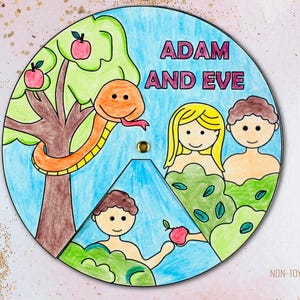 Faith-based homeschooling printable featuring an Adam and Eve spinner craft that teaches the Genesis creation story in a hands-on, engaging way. Includes rotating illustrations of key scenes like the Garden of Eden, Adam, Eve, the serpent, and more. Perfect for Bible-based curriculum, morning basket time, or Christian unit studies. Available in color and black-and-white for creative, customizable learning.
