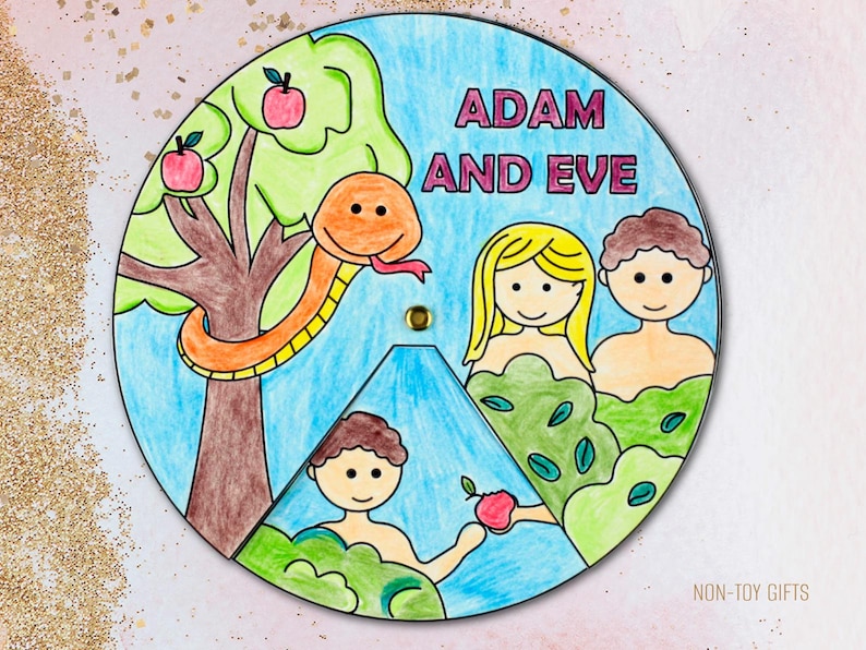Faith-based homeschooling printable featuring an Adam and Eve spinner craft that teaches the Genesis creation story in a hands-on, engaging way. Includes rotating illustrations of key scenes like the Garden of Eden, Adam, Eve, the serpent, and more. Perfect for Bible-based curriculum, morning basket time, or Christian unit studies. Available in color and black-and-white for creative, customizable learning.