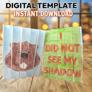 Peut inclure: Un modèle numérique avec le texte "DIGITAL TEMPLATE INSTANT DOWNLOAD". L'image montre un artisanat sur le thème de la marmotte avec le texte "I DID NOT SEE MY SHADOW". La marmotte est marron avec une dent blanche.