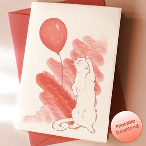 Cartão de felicitações para animais de estimação, cartão de aniversário, cartão de parabéns gato com balão, download digital para impressão com modelo de impressão para cartão dobrável A6