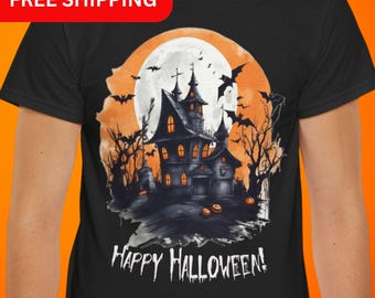 May include: Black t-shirt with a graphic of a spooky house in front of a full moon with the text "Happy Halloween!" printed on the front.
