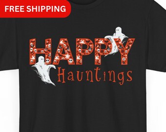 Happy Hauntings Halloween-t-shirt, spöken-t-shirt, unisex bomullströja, läskig present, för honom, för henne, spöken, dödskallar, fladdermöss, Halloween-t-shirt