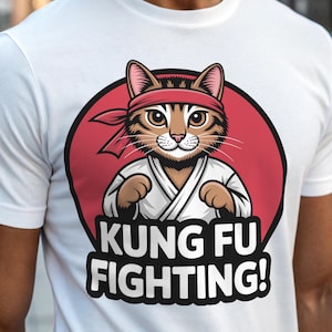 Kungfu Fighting Cat Unisex Tee, Martial Arts Kitty T-Shirt, Funny Animal Graphic Shirt, Karate Cat Top, Cute Feline Clothing, Ninja Kitten