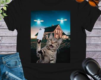 Selfie de gato, selfies, ovnis, naves espaciales, antigua granja, extraterrestres, camiseta unisex, regalo para él, regalo para ella, camiseta gráfica divertida, camiseta para amantes de los gatos