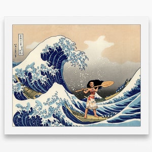 Disney Inspired Moana and Great Wave off Kanagawa Smash-Up Art Print or Canvas, UNFRAMED, Wall & Home Decor poster sign gift, All Sizes