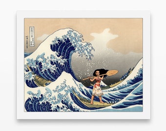 Disney Inspired Moana and Great Wave off Kanagawa Smash-Up Art Print or Canvas, UNFRAMED, Wall & Home Decor poster sign gift, All Sizes