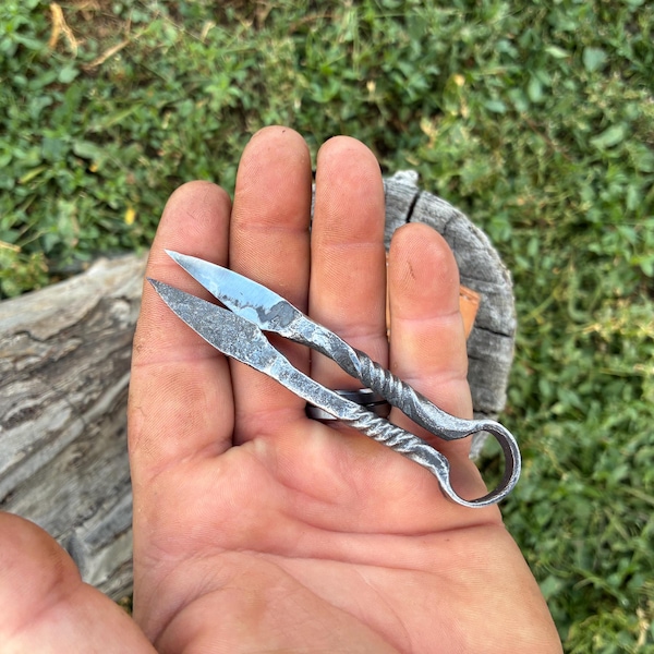 Hand Forged Mini Shears - Recycled Steel Viking - Style Shears With Leather Sheath