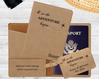 Passport Holder | Traveler Gift | Custom Passport Cover | Adventure Begins | Vegan Leather Personalized Wedding Gift | Luggage Tag Gift Set