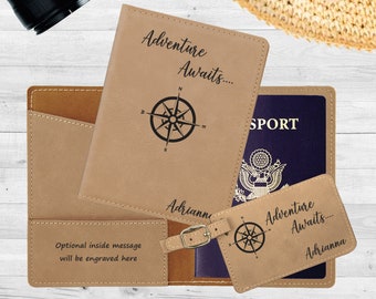 Passport Holder | Custom Passport Cover | Adventure Awaits | Vegan Leather Personalized Wedding Gift | Surprise Vacation Reveal | Honeymoon
