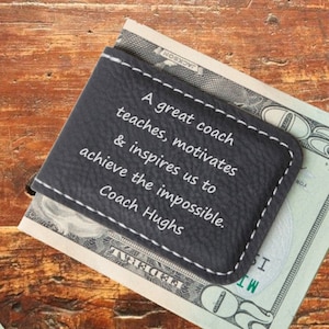 Regalo para entrenador / Agradecimiento al entrenador / Agradecimiento al entrenador / Clip para billetes de cuero vegano personalizado / Entrenador de porristas / Softbol / Fútbol / Fin de temporada