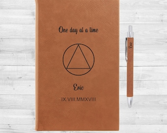 Sobriety Gift | Custom Vegan Leather Journal | One day at a time | Inspiration Gift | Encouragement Gift | Recovery | For Women | For Men NA