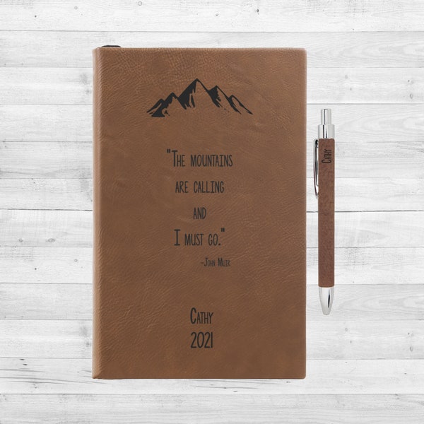 Custom Quote Hiking Journal Log Book | The Mountains Are Calling .. | Graduation Gift | Personalized Vegan Leather Journal | Retirement Gift