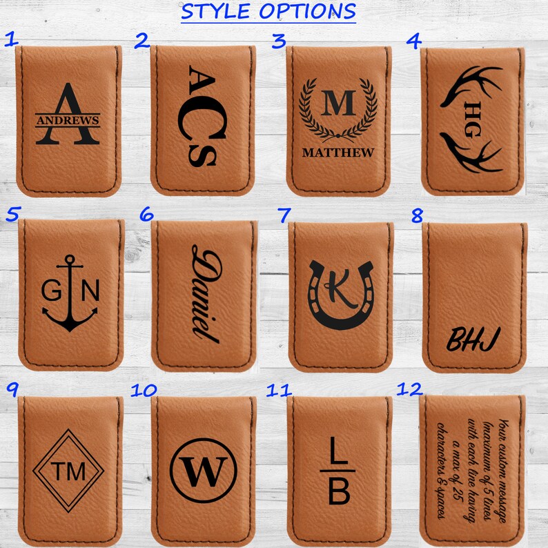 Puede incluir: Doce estilos diferentes de clips de dinero de cuero con varios dise&ntilde;os y textos. Los dise&ntilde;os incluyen iniciales, nombres, anclas, herraduras, astas y un monograma. Los clips de dinero son de cuero marr&oacute;n con costuras negras.