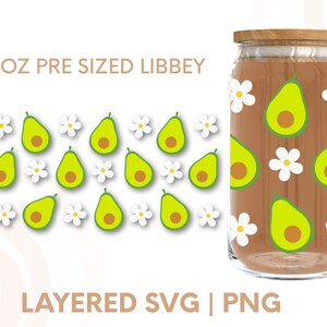 May include: A 16 oz pre-sized Libbey glass jar with a brown background and a pattern of white daisies and green avocado halves. The jar has a wooden lid. "LAYERED SVG | PNG" is written below the jar.