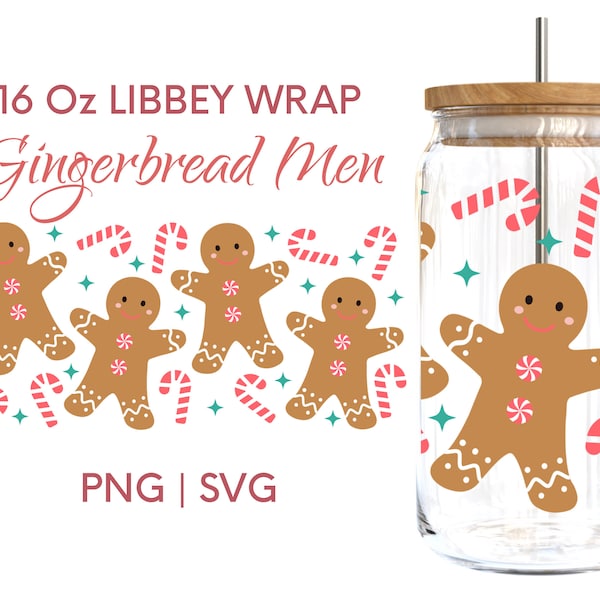 Gingerbread man libbey Svg, Christmas Libbey Wrap Svg, Holiday Christmas Svg, 16oz Libbey,Christmas Clip art,Can Glass, Files For Cricut.