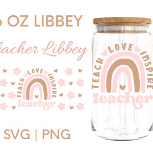 May include: A 16 ounce glass jar with a wooden lid. The jar has a rainbow design with the words "Teach Love Inspire" and "Teacher" in pink lettering.