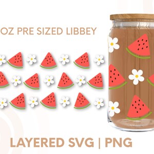 May include: A digital design for a 16 oz pre-sized Libbey glass with a watermelon and white flower pattern. The design is layered and includes SVG and PNG files.