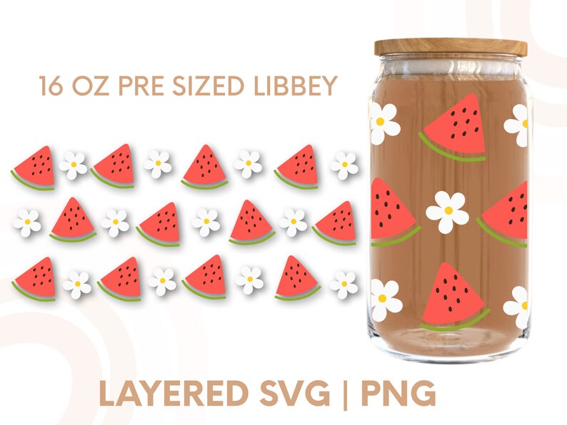 May include: A digital design for a 16 oz pre-sized Libbey glass with a watermelon and white flower pattern. The design is layered and includes SVG and PNG files.
