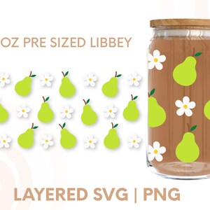May include: A digital design for a 16 oz pre-sized Libbey glass jar with a brown background and a pattern of green pears and white daisies. The text "16 OZ PRE SIZED LIBBEY" is at the top of the image. The text "LAYERED SVG | PNG" is at the bottom of the image.