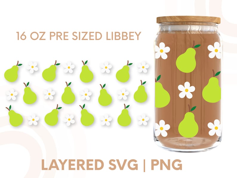 May include: A digital design for a 16 oz pre-sized Libbey glass jar with a brown background and a pattern of green pears and white daisies. The text "16 OZ PRE SIZED LIBBEY" is at the top of the image. The text "LAYERED SVG | PNG" is at the bottom of the image.