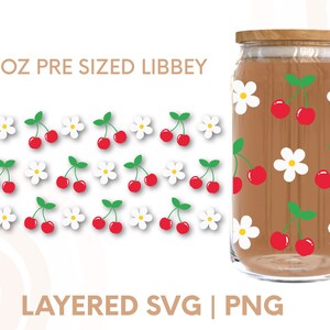 May include: 16 oz pre-sized Libbey glass jar with a brown background and a repeating pattern of white flowers and red cherries.  Layered SVG and PNG files are included.