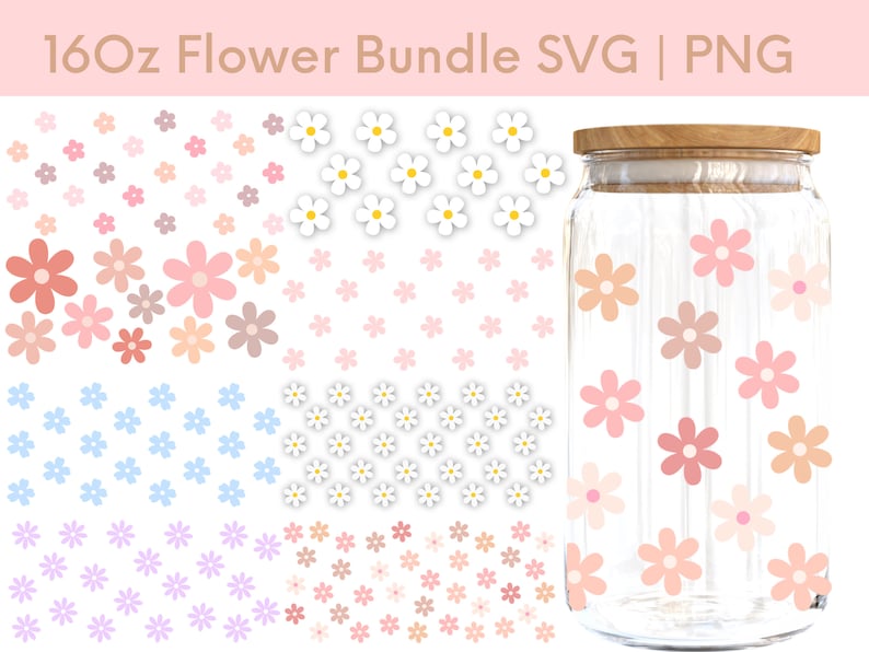 May include: A digital download of 160 flower SVG and PNG files. The images feature various flower designs in pink, blue, and purple, arranged in repeating patterns. The flowers are shown on a white background and in a glass jar with a wooden lid.