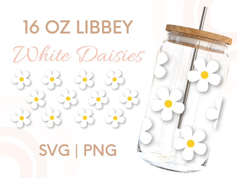 May include: A 16 oz. clear glass tumbler with a wooden lid and a straw. The tumbler is decorated with white daisies with yellow centers. The text "16 OZ LIBBEY White Daisies SVG | PNG" is printed on a white background.