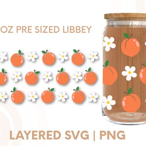 May include: A 16 oz pre-sized Libbey glass jar with a peach and white flower pattern. The jar is clear glass with a brown lid. The text "16 OZ PRE SIZED LIBBEY" is at the top of the image. The text "LAYERED SVG | PNG" is at the bottom of the image.