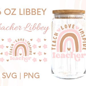 May include: A 16 ounce glass jar with a wooden lid. The jar has a rainbow design with the words "Teach Love Inspire" and "Teacher" in pink and brown lettering.