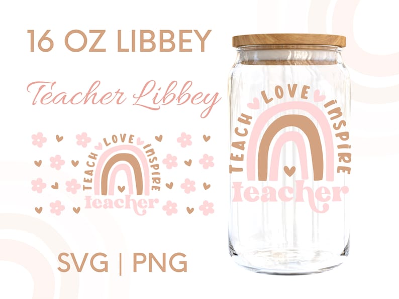 May include: A 16 ounce glass jar with a wooden lid. The jar has a rainbow design with the words "Teach Love Inspire" and "Teacher" in pink and brown lettering.