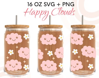 Spring Libbey Glass Wrap,Clouds Glass Wrap Svg, Spring Svg,Clouds Daisies Beer Can wrap,Happy Clouds Libbey Cups, Can Glass Svg