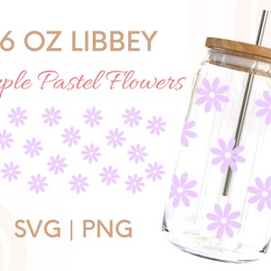 May include: A 16 oz. clear glass Libbey tumbler with a wooden lid and a stainless steel straw. The tumbler is decorated with a purple pastel flower pattern.  SVG | PNG