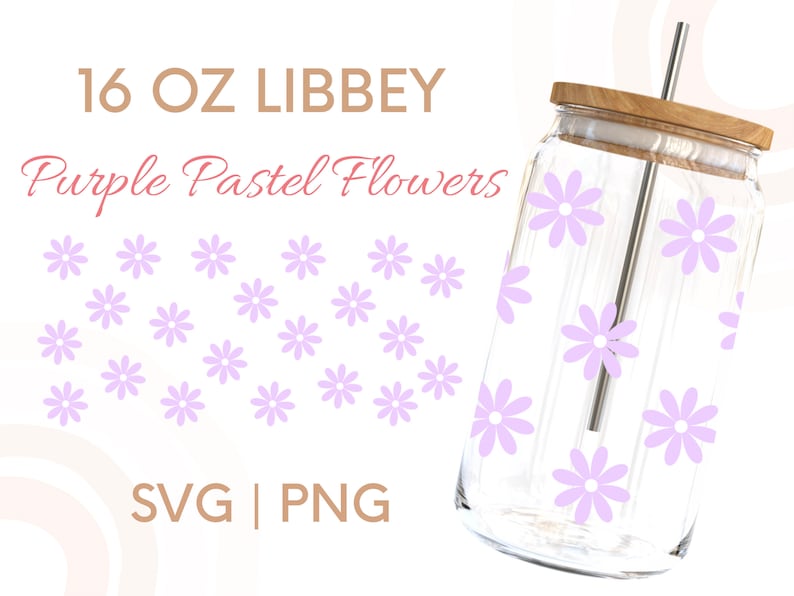 May include: A 16 oz. clear glass Libbey tumbler with a wooden lid and a stainless steel straw. The tumbler is decorated with a purple pastel flower pattern.  SVG | PNG