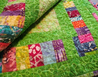 Bright and Colorful Batik Lap Quilt (Green) // Red, Pink, Yellow, Blue, Orange, Purple, White // Handmade