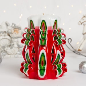 Red green hand carved candle - Christmas gift for Mom and Grandma. Long distance gift for friends.