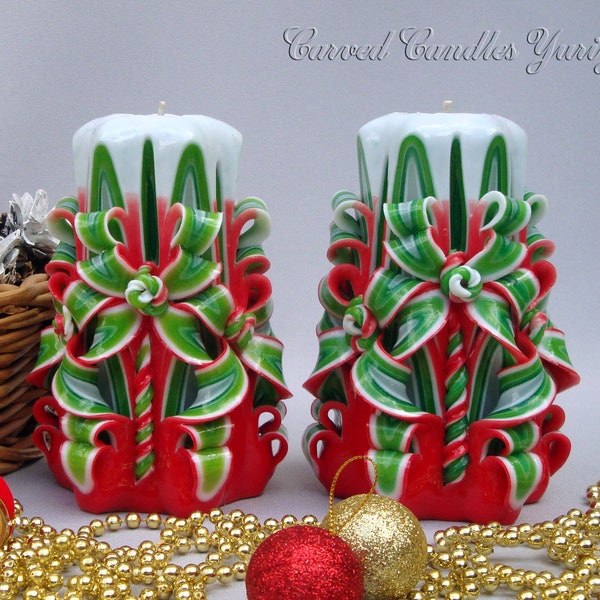 Xmas carved candle, red green Christmas long distance gift idea, Secret Santa gifts