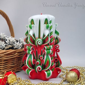 Red green Christmas carved candle - long distance gift. Secret Santa gift