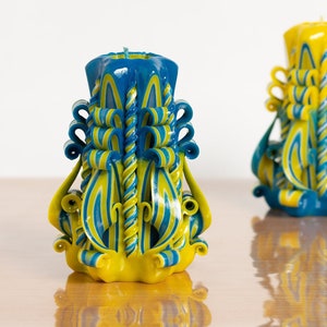 Blue yellow handmade carved candle. Ukrainian flag color. Ukrainian patriotic candle. Candles with Ukrainian motive. Homemade candles