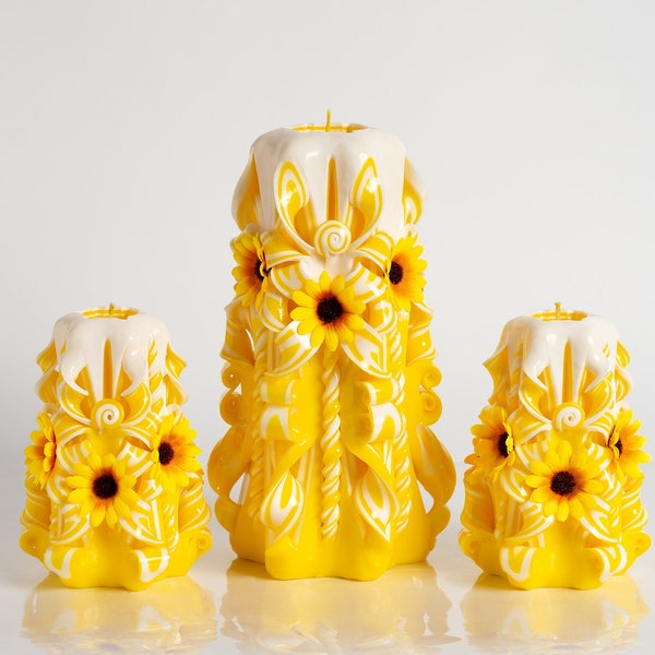 Yellow carved candle set with sunflowers. Birthday gift idea for mom and girlfriend.