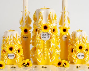 Wedding carved candle set of 5 candles, Yellow white unity candle gift set for your anniversary, Taper candles of the interior